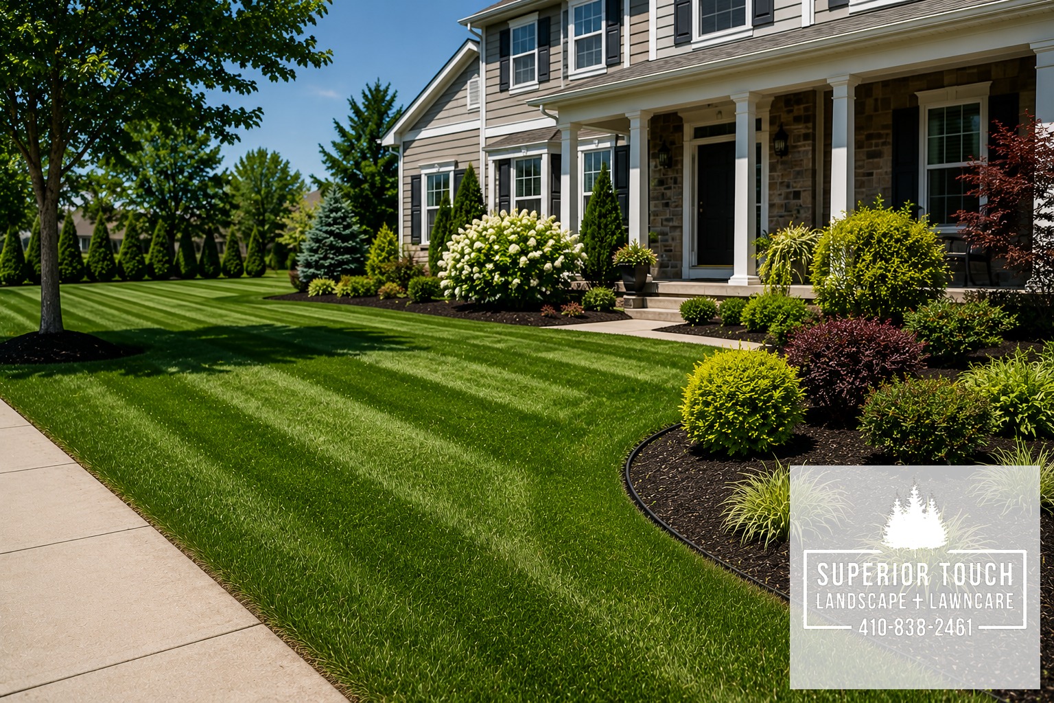 Landscaping & Lawn Care in Boring, MD Landscaped Boring home with striped lawn